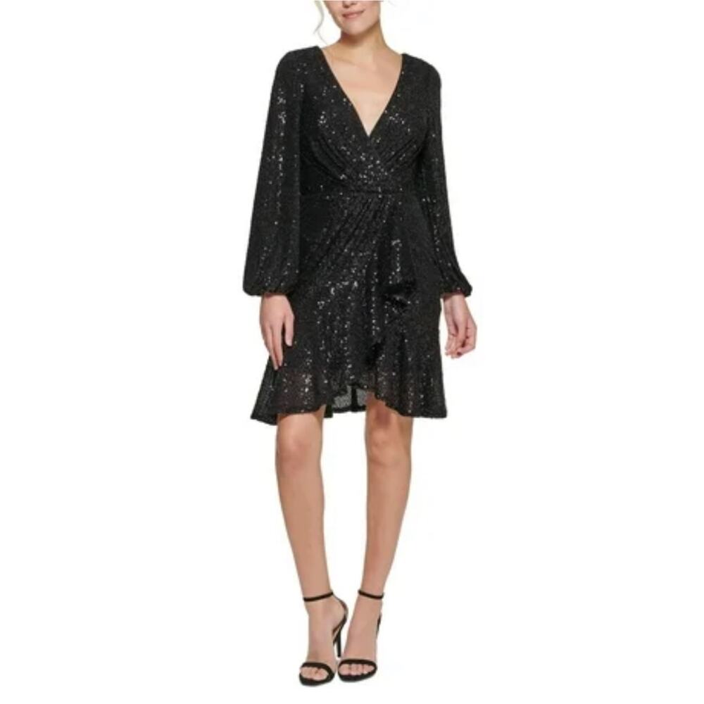 Eliza J Sequined Long Sleeve Fit and Flare Cocktail Dress Sparkly Black Size 6